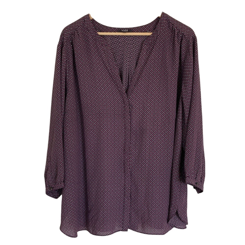 NYDJ Womens‎ 3/4 Sleeve Blouse Size 2X Purple Sheer Hidden Button Geo Print